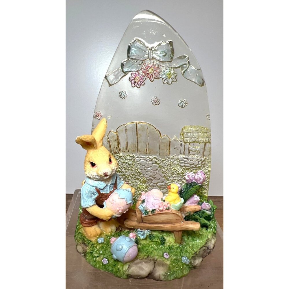Easter Rabbit Resin Figurine With Pastel Colors & Clear Acrylic Background